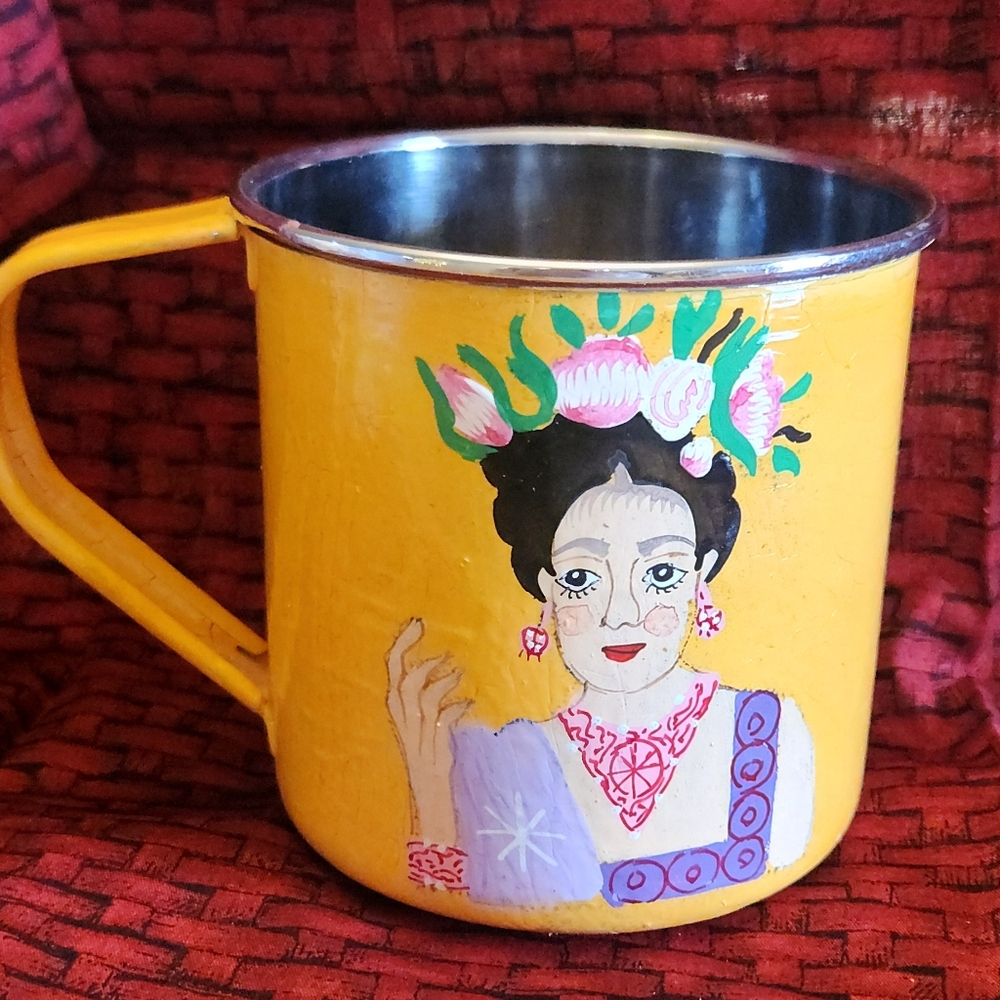 Friday Kahlo Stainless Steel Mustard Crackle Mug